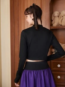 ROMWE Kawaii Letter Embroidery Crop Tee - Black - View 6