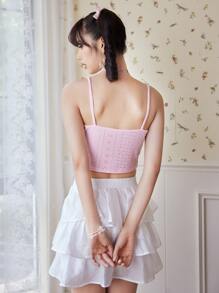 ROMWE Kawaii Contrast Lace Pointelle Cami Top - Baby Pink - View 4
