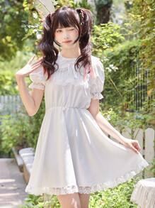 ROMWE Kawaii Solid Contrast Lace Dress - White - View 1