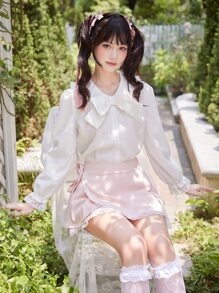 ROMWE Kawaii Solid Flounce Sleeve Blouse, School - White - View 2