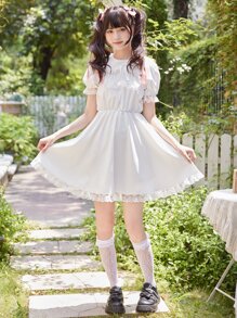 ROMWE Kawaii Solid Contrast Lace Dress - White - View 2