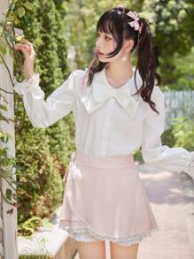 ROMWE Kawaii Solid Flounce Sleeve Blouse, School - White - View 3