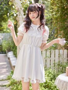 ROMWE Kawaii Solid Contrast Lace Dress - White - View 3