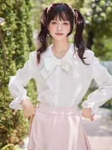ROMWE Kawaii Solid Flounce Sleeve Blouse, School - White - View 4