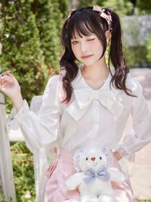 ROMWE Kawaii Solid Flounce Sleeve Blouse, School - White - View 5