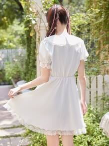 ROMWE Kawaii Solid Contrast Lace Dress - White - View 7