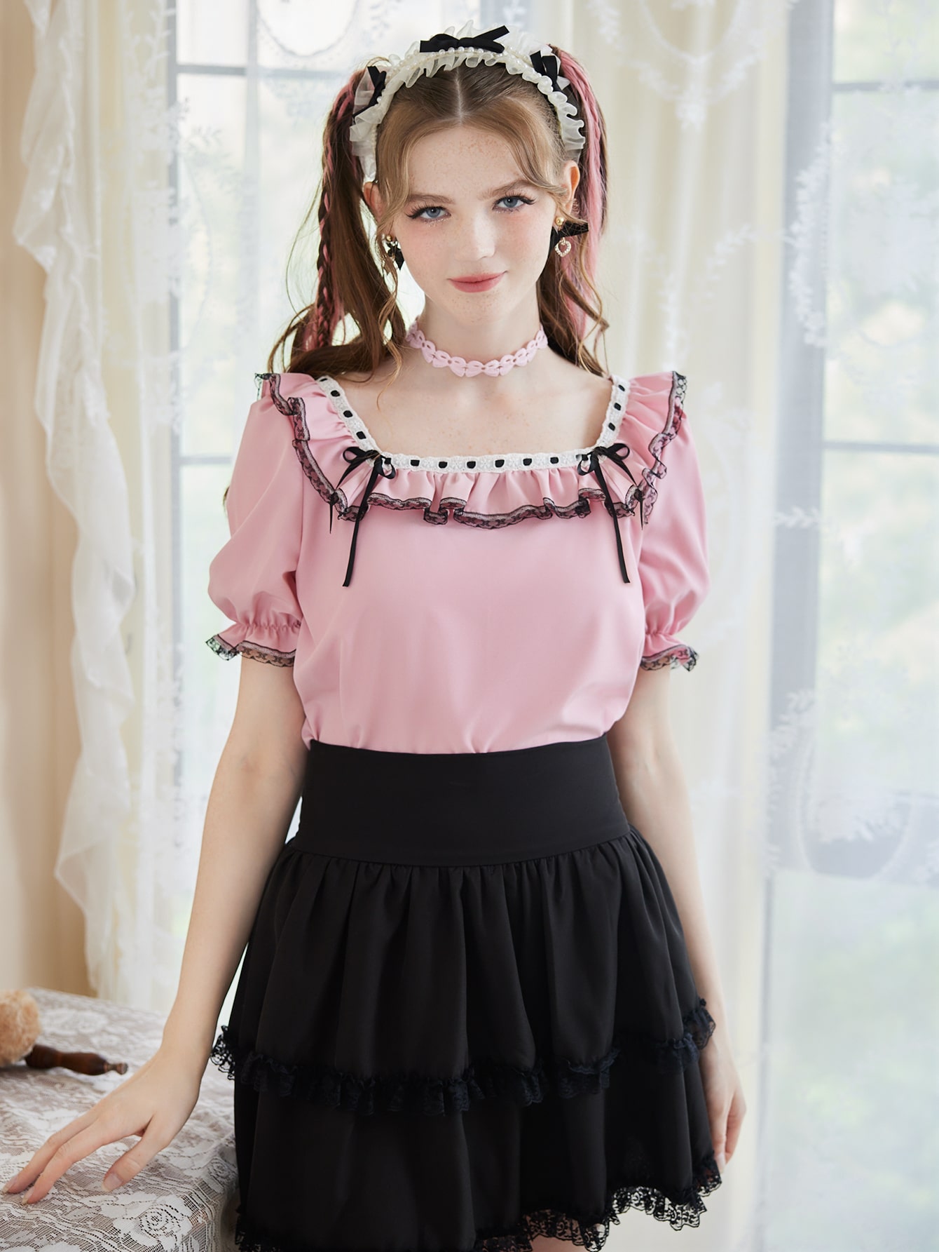 Kawaii Contrast Lace Puff Sleeve Blouse | SHEIN UK