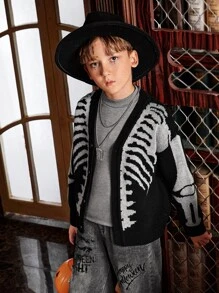 SHEIN Boys Skeleton Pattern Drop Shoulder Cardigan - Black - View 3