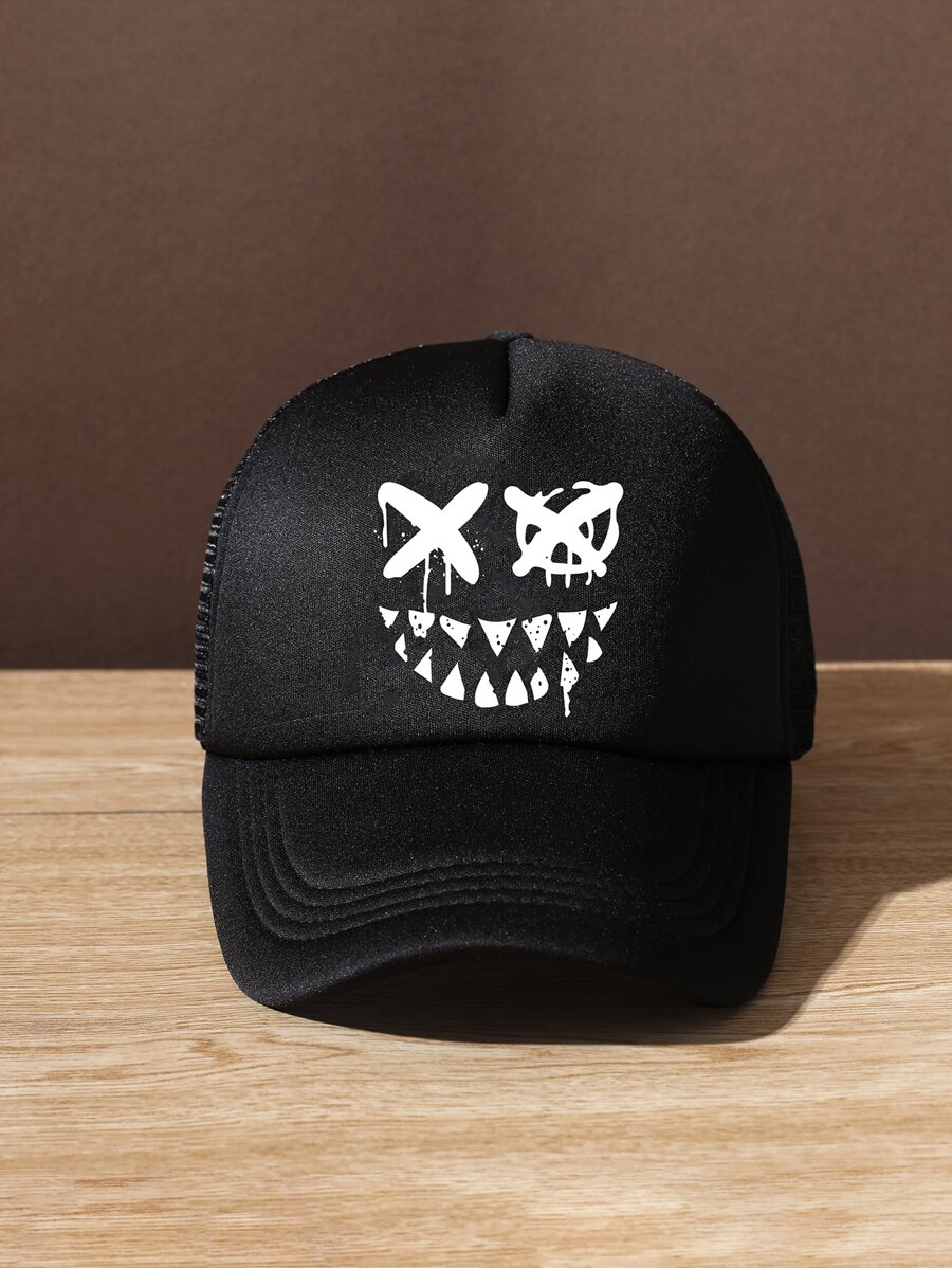 Men Expression Print Trucker Hat - Black - View 1