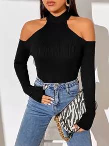Firerie Cold Shoulder Ribbed Knit Jumper - Black - View 1