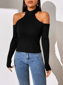 Firerie Cold Shoulder Ribbed Knit Jumper - Black - View 4