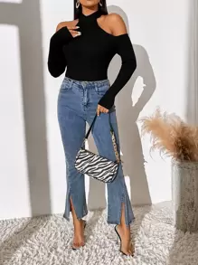 Firerie Cold Shoulder Ribbed Knit Jumper - Black - View 6