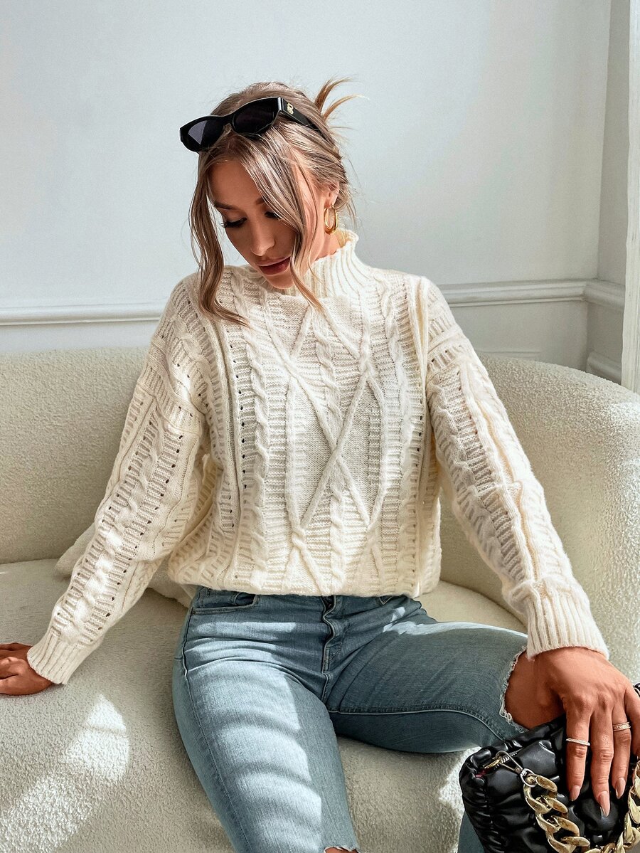 Drop Shoulder High Neck Cable Knit Jumper - White - View 1