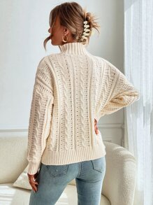 Drop Shoulder High Neck Cable Knit Jumper - White - View 2