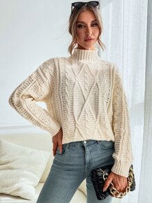 Drop Shoulder High Neck Cable Knit Jumper - White - View 3