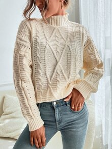 Drop Shoulder High Neck Cable Knit Jumper - White - View 4