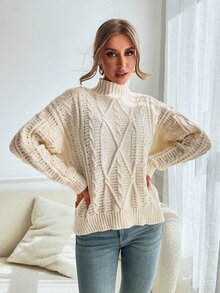 Drop Shoulder High Neck Cable Knit Jumper - White - View 5