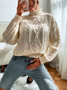 Drop Shoulder High Neck Cable Knit Jumper - White - View 6