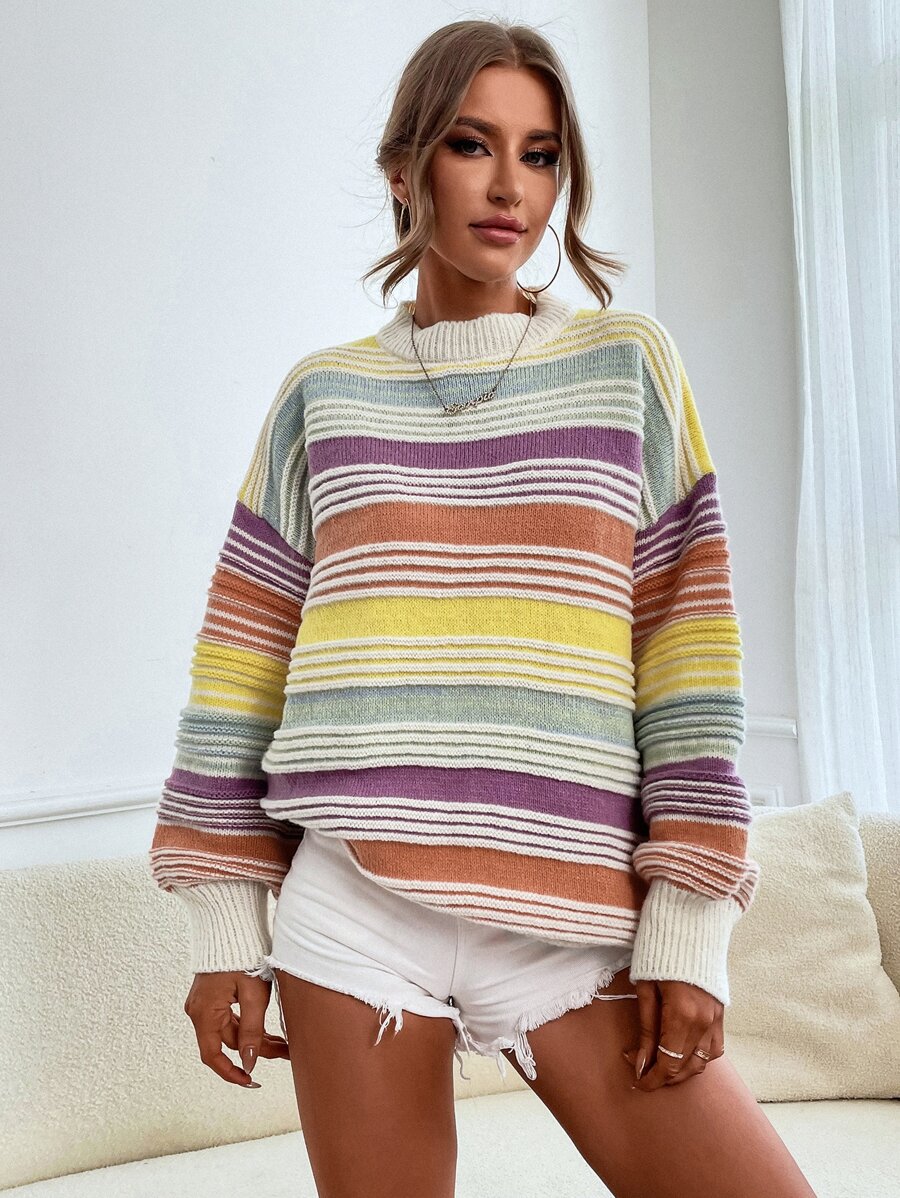 GENKIRA Striped Pattern Colourblock Drop Shoulder Mock Neck Jumper - Multicolor - View 1
