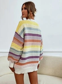 GENKIRA Striped Pattern Colourblock Drop Shoulder Mock Neck Jumper - Multicolor - View 2
