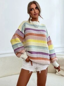 GENKIRA Striped Pattern Colourblock Drop Shoulder Mock Neck Jumper - Multicolor - View 4