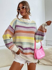 GENKIRA Striped Pattern Colourblock Drop Shoulder Mock Neck Jumper - Multicolor - View 5