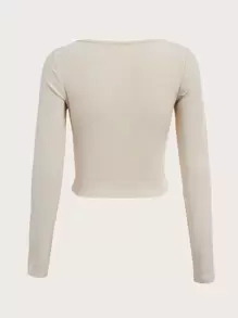 ROMWE Áo thun nữ Xù Gân đan màu trơn Giải trí - Màu be - Xem 2