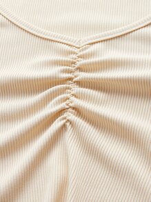 ROMWE Áo thun nữ Xù Gân đan màu trơn Giải trí - Màu be - Xem 4