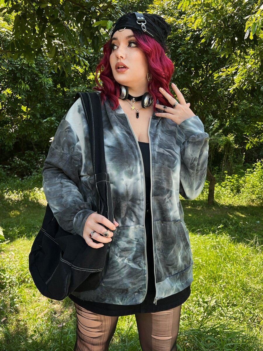 PUNK Plus Size Tie Dye Zip Up Drop Shoulder Sweatshirt - Multicolor - View 1