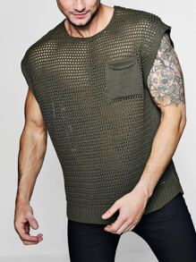 Men Pocket Patched Pointelle Knit Top - Green - View 1