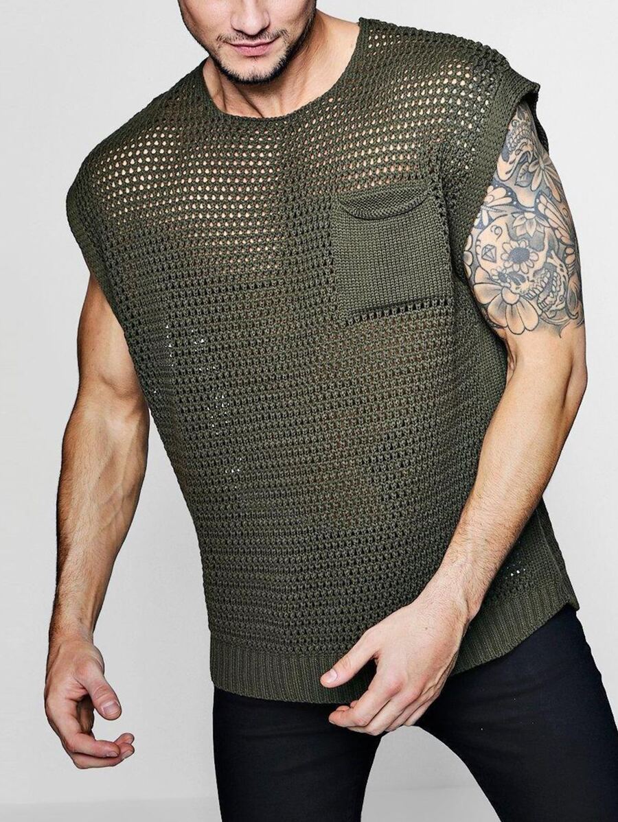 Men Pocket Patched Pointelle Knit Top - Green - View 1