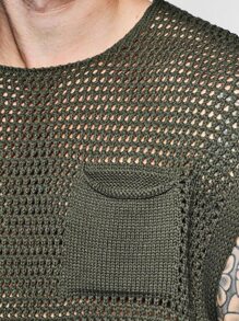 Men Pocket Patched Pointelle Knit Top - Green - View 3