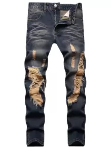 Men Ripped Slim Straight Jeans - Dark Wash - View 1