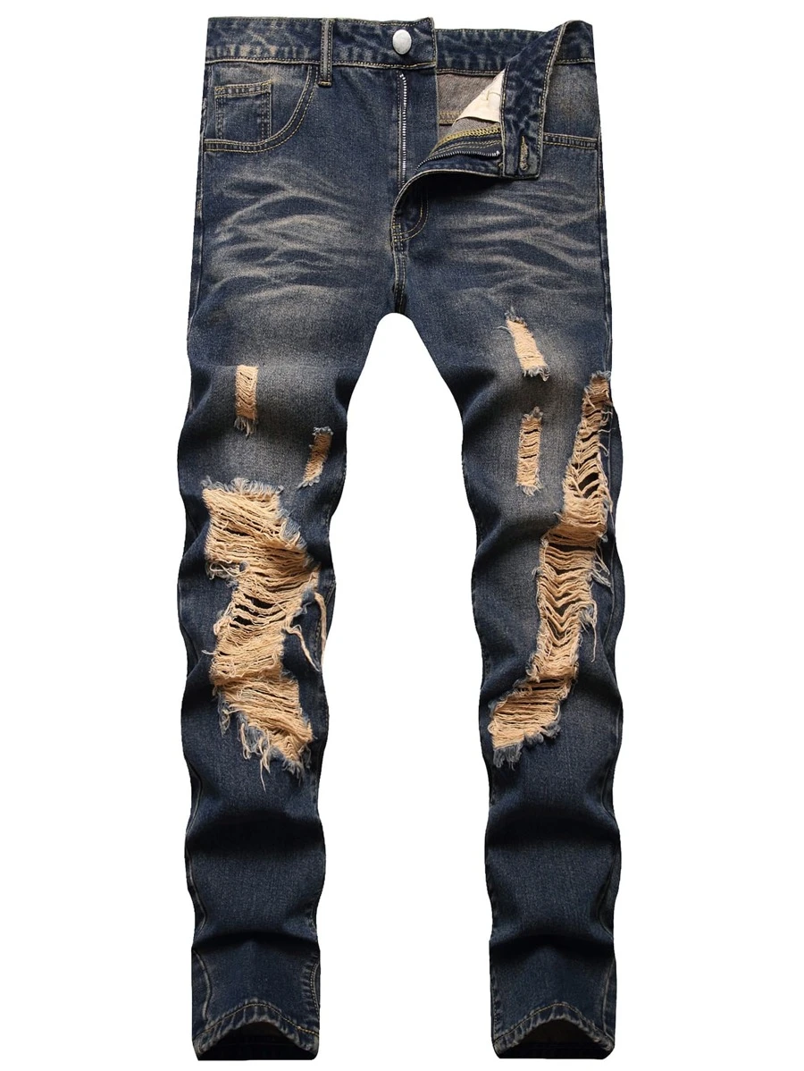 Men Ripped Slim Straight Jeans - Dark Wash - View 1