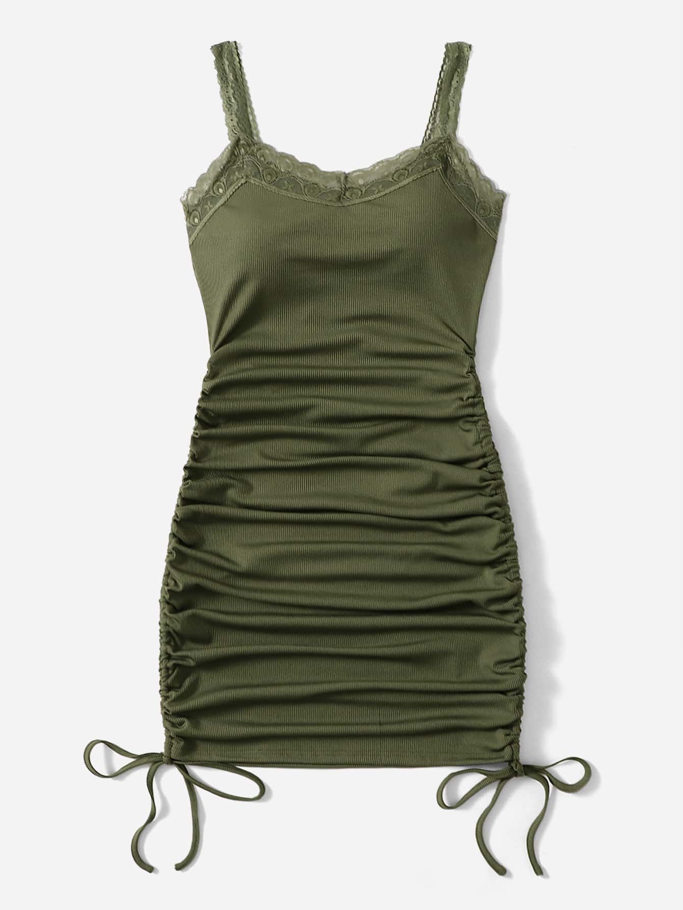 Our Solid Contrast Lace Drawstring Ruched Dress is such a vibe - ROMWE