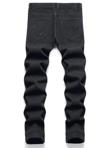 Men Cotton Number Patched Ripped Jeans - Black - View 2