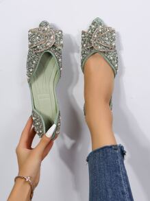 Rhinestone & Faux Pearl Decor Point Toe Ballet Flats - Green - View 2