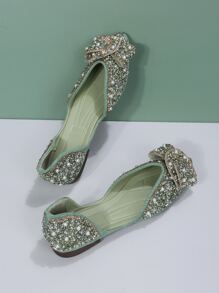 Rhinestone & Faux Pearl Decor Point Toe Ballet Flats - Green - View 4