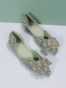 Rhinestone & Faux Pearl Decor Point Toe Ballet Flats - Green - View 5