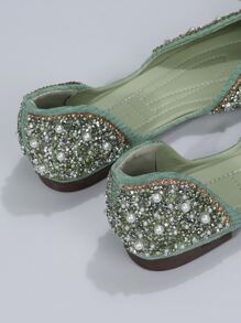 Rhinestone & Faux Pearl Decor Point Toe Ballet Flats - Green - View 6