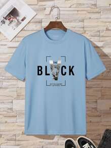 Manfinity Dauomo Tops Nam Slogan Giải trí - Màu xanh bụi bặm - Xem 3