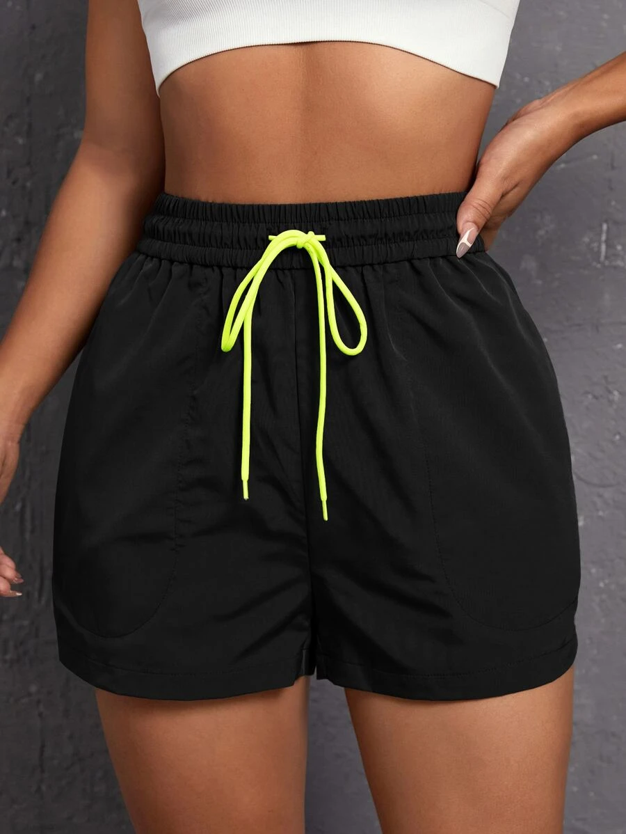 Easithlete 抽绳腰部开衩运动短裤抽绳短裤毛衣短裤 - 黑色 - 查看 1