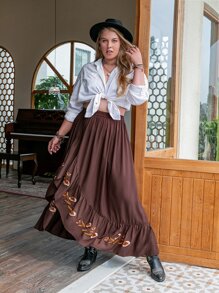 Rusttydustty 大碼花卉刺繡荷葉邊半身裙 - 咖啡棕 - 查看 4