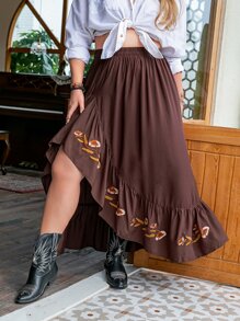 Rusttydustty 大碼花卉刺繡荷葉邊半身裙 - 咖啡棕 - 查看 3