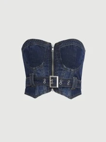 SHEIN ICON Áo khoác denim nữ Bất đối xứng Thắt lưng Dây kéo Thùa khuyết Dải chun màu trơn Gợi cảm - Rửa tối - Xem 1