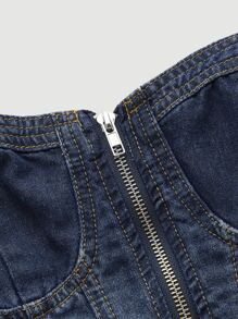 SHEIN ICON Áo khoác denim nữ Bất đối xứng Thắt lưng Dây kéo Thùa khuyết Dải chun màu trơn Gợi cảm - Rửa tối - Xem 3