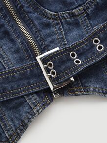 SHEIN ICON Áo khoác denim nữ Bất đối xứng Thắt lưng Dây kéo Thùa khuyết Dải chun màu trơn Gợi cảm - Rửa tối - Xem 4