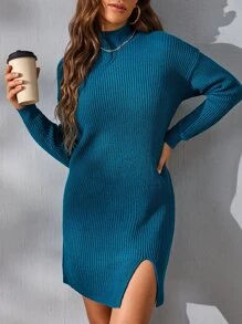 SHEIN Essnce 小高領落肩袖下擺開叉毛衣裙 - 水鴨藍 - 查看 1