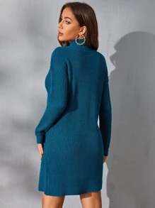 SHEIN Essnce 小高領落肩袖下擺開叉毛衣裙 - 水鴨藍 - 查看 2