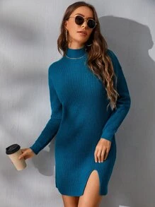 SHEIN Essnce 小高領落肩袖下擺開叉毛衣裙 - 水鴨藍 - 查看 4